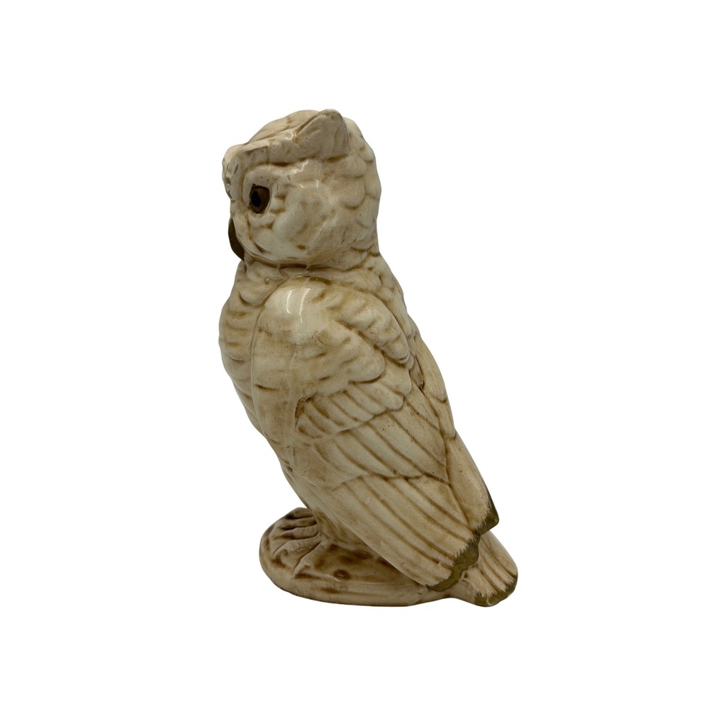 Vtg MCM Ceramic Horned Owl Figurine Cream Brown Glaze Home Decor Accent 7" Core - Picture 2 of 6